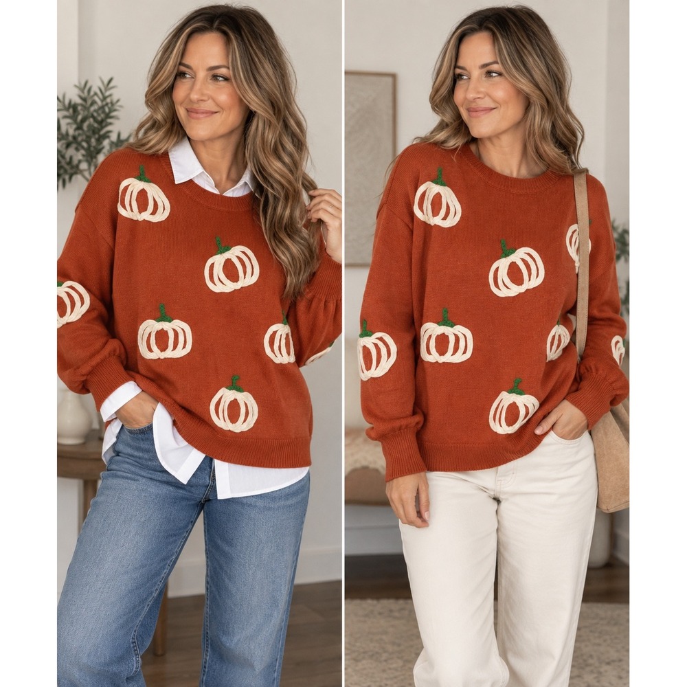Urban Daizy Pumpkin Appliqué Knit Sweater NWT Burnt Orange Fall Halloween S/M